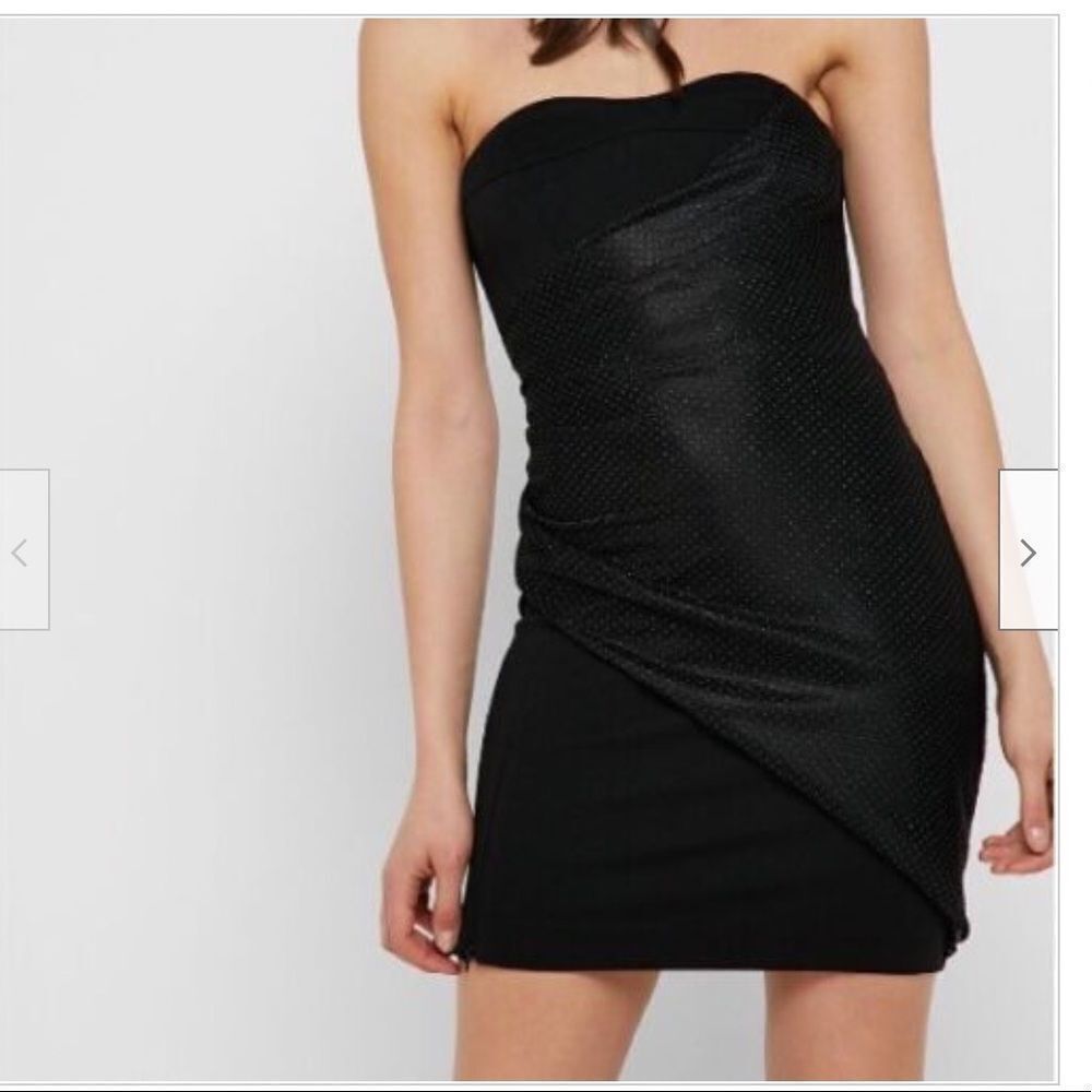 Topshop Black Strapless Draped Mini Dress Bodycon Vegas Mesh Dotted Size 8